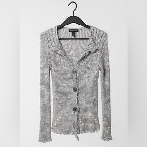 BCBGMAXAZRIA gray open-knit ruffle button-front cardigan. Size Medium.